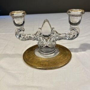New Martinsville Tear Drop Double Candlestick Holders Gold Etched Wild Rose Pair